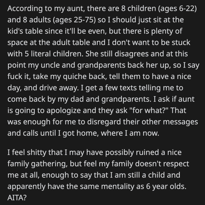 He left after they disregarded his reasons with the quiche he brought