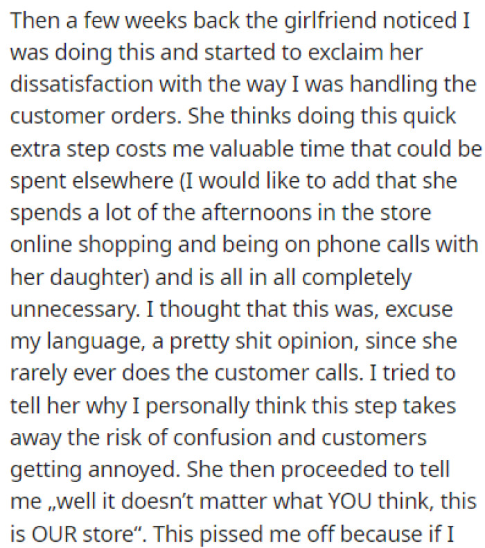 OP's boss's girlfriend recently decided that OP needs to change her system