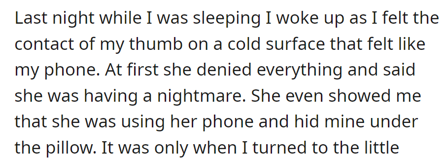 OP suspected his partner had his phone, but she denied it and said she was having a nightmare. OP then hid his phone under a pillow.
