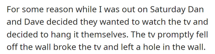While they were out on Saturday, Dan and Dave attempted a DIY TV installation, resulting in it falling, breaking, and leaving a hole in the wall.