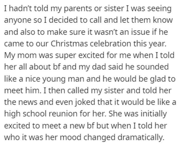 OP told her family and everyone was excited, except her sister
