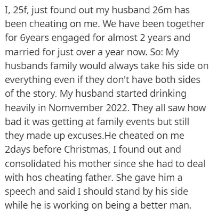 OP recently found out that her husband has been cheating on her