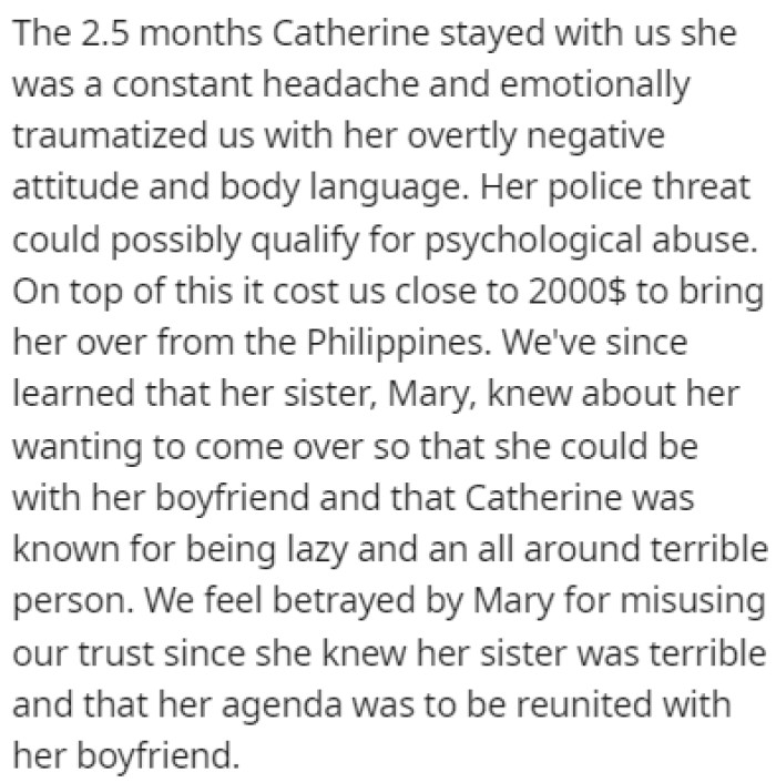 OP found out that Mary knew Catherine had a boyfriend and that her behavior was sour