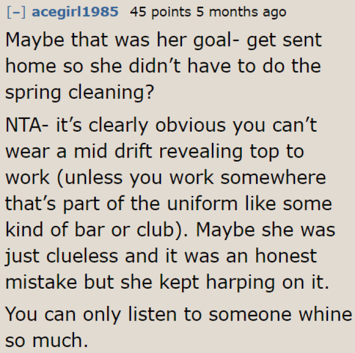 It's common knowledge that women shouldn't wear midriff-baring tops to work.