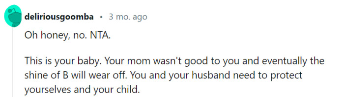 You're absolutely right, protecting oneself and one's child should be the top priority, especially in the face of a history of mistreatment and neglect. The protagonist and their husband must prioritize their own well-being and create a safe and nurturing environment for their child, shielding them from any potential harm.