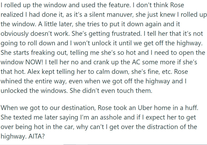 One night, however, OP's car was the only available option. When they hit the highway, Rose lowered the window, and OP used a child safety feature to prevent her from doing it again.