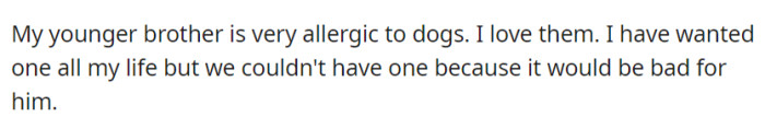 OP has always wanted a dog but was unable to have one because his younger brother is severely allergic to them.