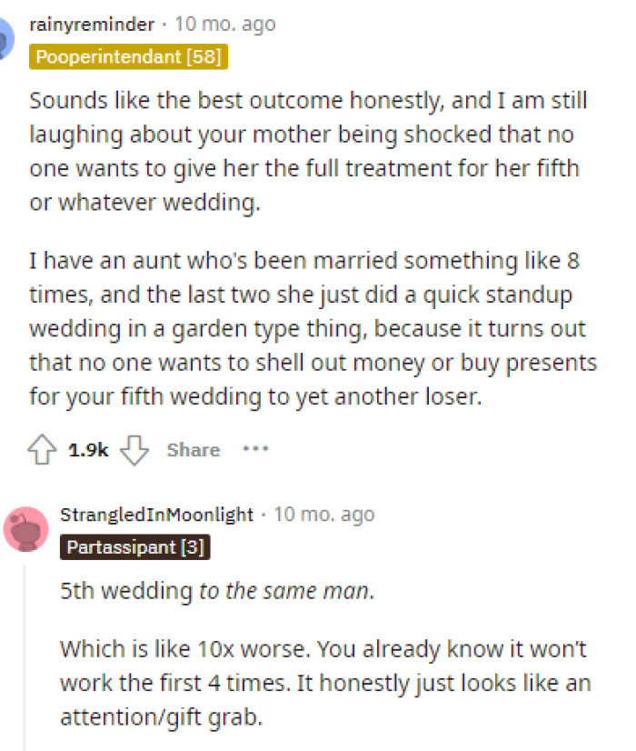 It's interesting to hear people talk about how surprised they are at how many times her parents have been married, especially to the same person over and over.