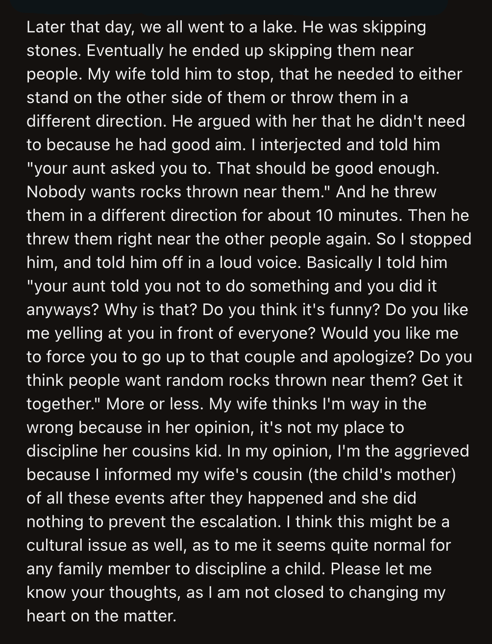 He stopped for 10 minutes but resumed throwing stones near a couple. So, OP scolded him in a loud voice to make him stop. His wife got upset and said OP wasn't in a position to parent her cousin's kid.