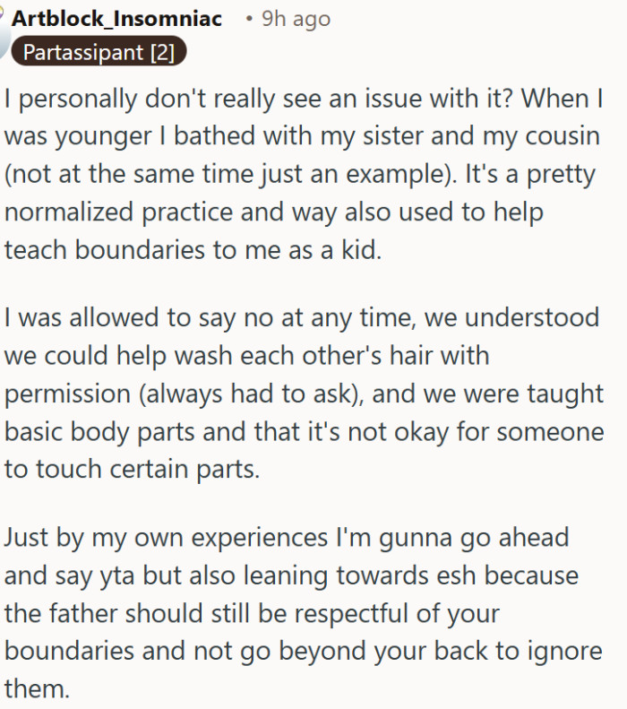 The father was wrong to go behind your back but shared baths are harmless