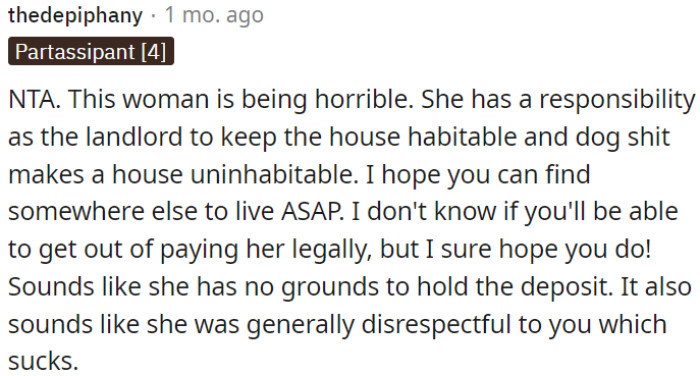 The landlord is not fulfilling her duties, creating an uninhabitable environment