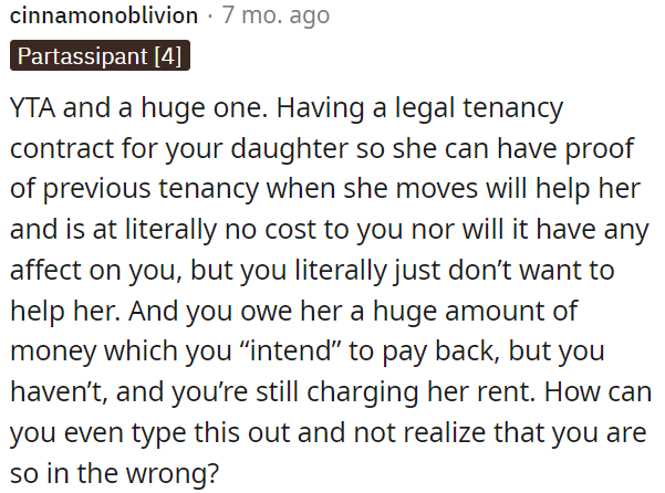 OP's refusal to provide a legal tenancy contract for his daughter, which would cost him nothing and benefit her, shows a lack of willingness to support her.