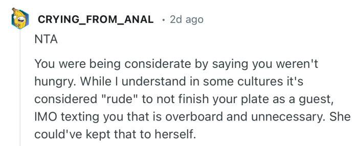 “While I understand in some cultures it's considered 