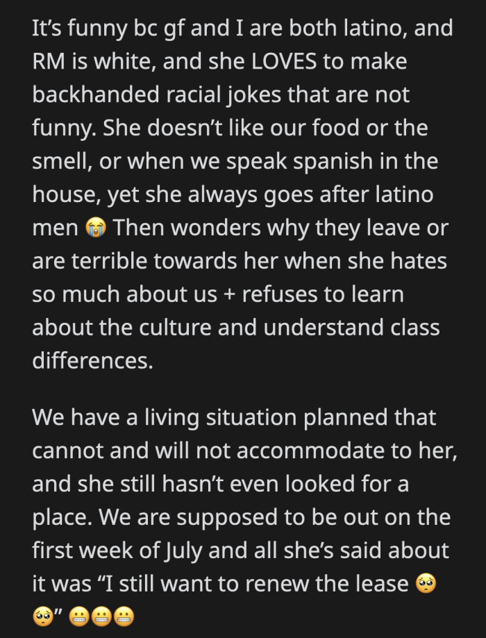 She's racist, too? The roommate cannot pick a struggle!
