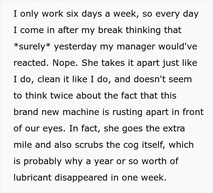 The boss goes the extra mile whenever she's cleaning the slicer