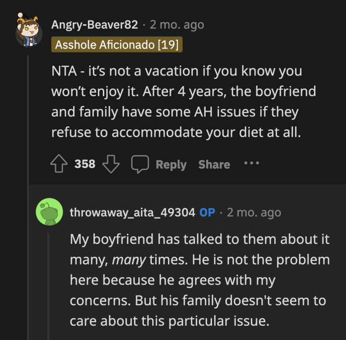 OP stated that her boyfriend tried to make his parents more accommodating of OP's dietary restrictions, but to no avail.
