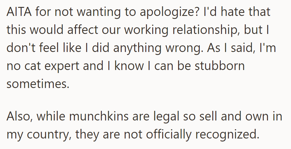 She wonders if she’s wrong for not apologizing, despite fearing it might harm her working relationship.