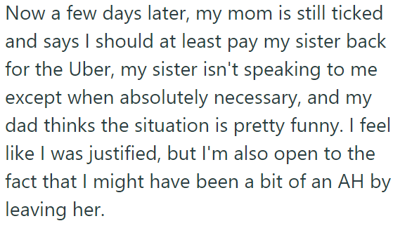 The OP's Mother Says She Shouldn't Have Left Her, While the Father Thinks It Was Funny: