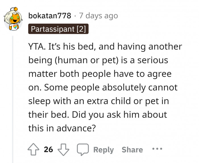 Letting your dog sleep peacefully while your boyfriend's having a hard time sleeping in his own bed and in his own house.
