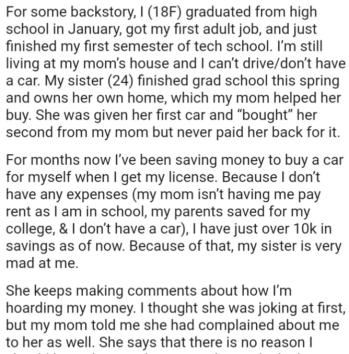 For months now, the protagonist has been saving money to buy a car for herself when she gets her license