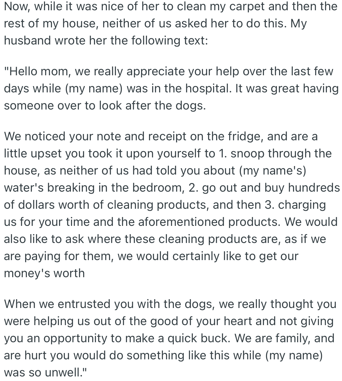 OP’s husband took it upon himself to respond to his mom. Apparently, he wasn’t willing to fork out any money