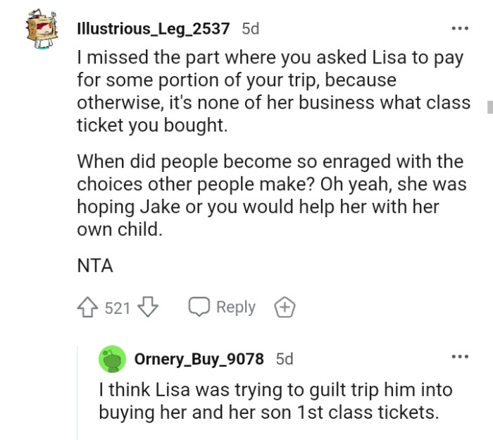 It's none of her business what class ticket you bought