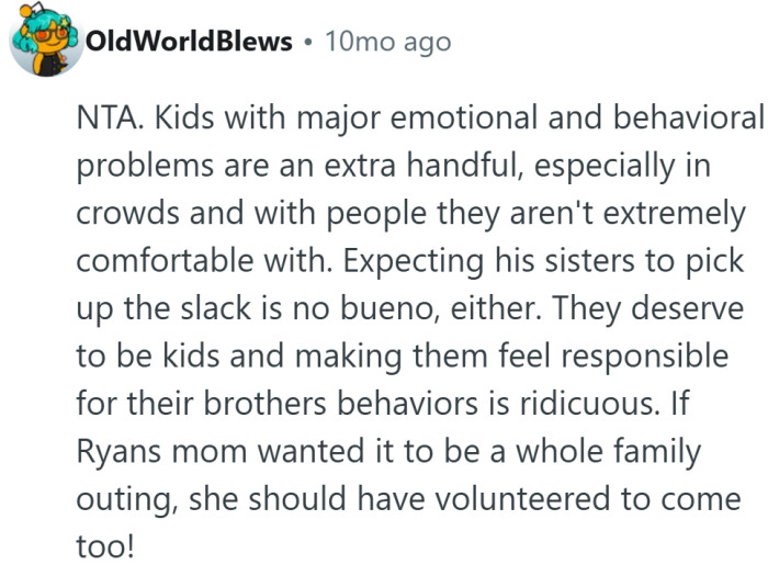 If mom wants a “family outing,” maybe she should grab a ticket too—it’s called teamwork, not delegation.