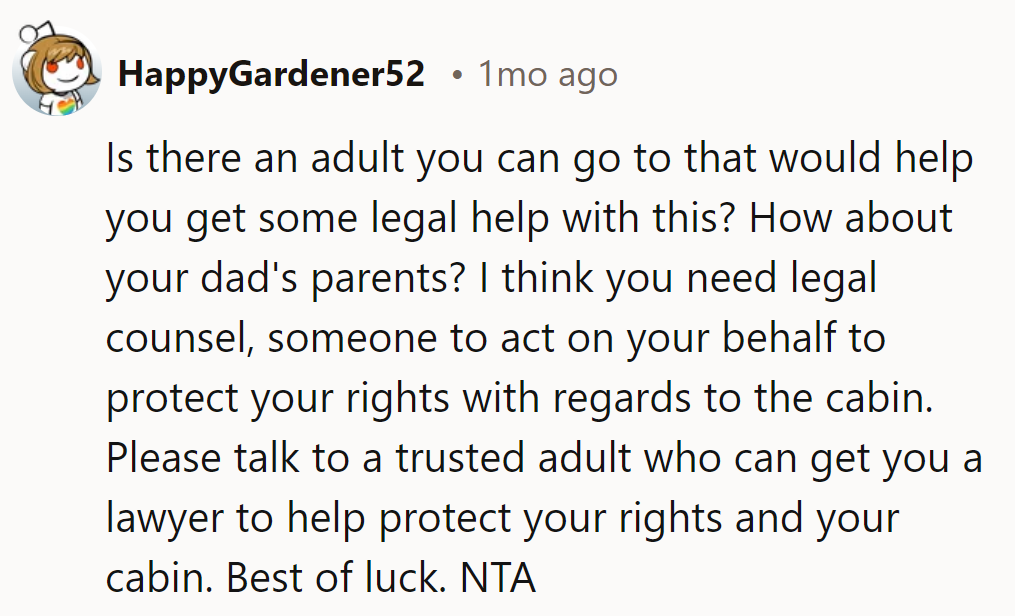 Legal backup needed, stat! Grandma and Grandpa to the rescue? It's a cabin-protecting mission!