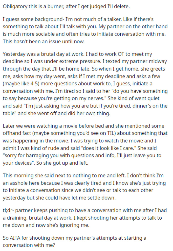 OP explained a bit about himself to us and then went into the night when he got home from work and all of this happened.