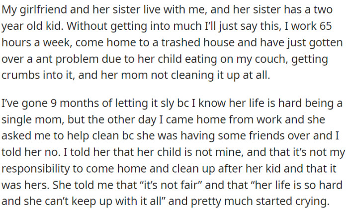 OP works long hours and comes home to a messy house due to his girlfriend's sister, who has a child.