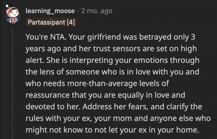 The girlfriend might also feel invalidated because of the past trauma she went through, but OP was still deemed by this Redditor as NTA.