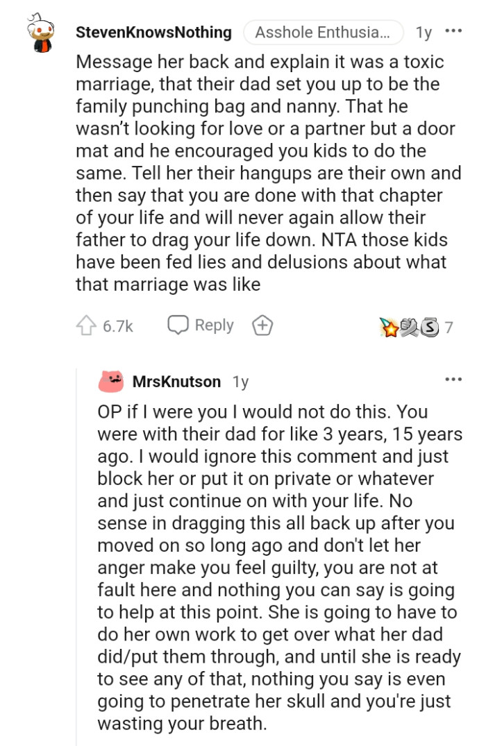 Telling her that she is done with that chapter of their life