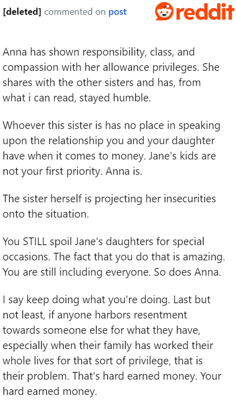 The daughter has been displaying good behavior when it comes to handling her allowance.