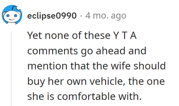 It's like they missed the plot twist in this automotive drama—starring the wife in her own car!