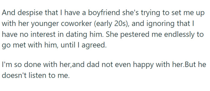 The stepmother's grip extends beyond these stringent rules.