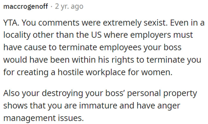 OP's behavior, including destroying his boss's property, reflects immaturity and anger management problems.