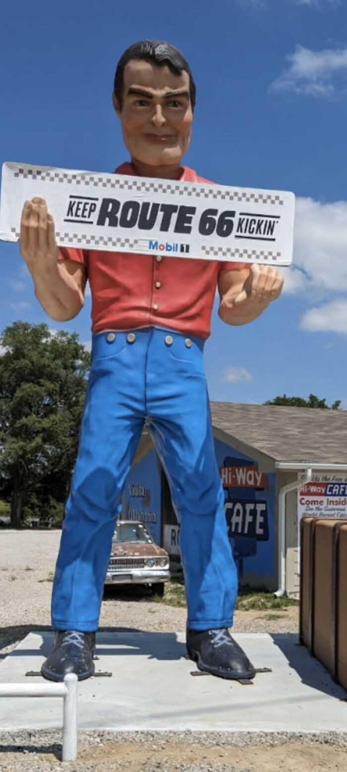 "Big Bill, Complete With His Suitcase, Was At The Hiway Cafe On Rt 66 In Vinita OK. He Has Moved Next Door To The Western Motel"