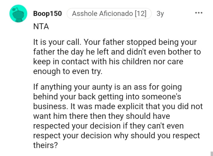 It was made explicit that the OP didn't want his dad there