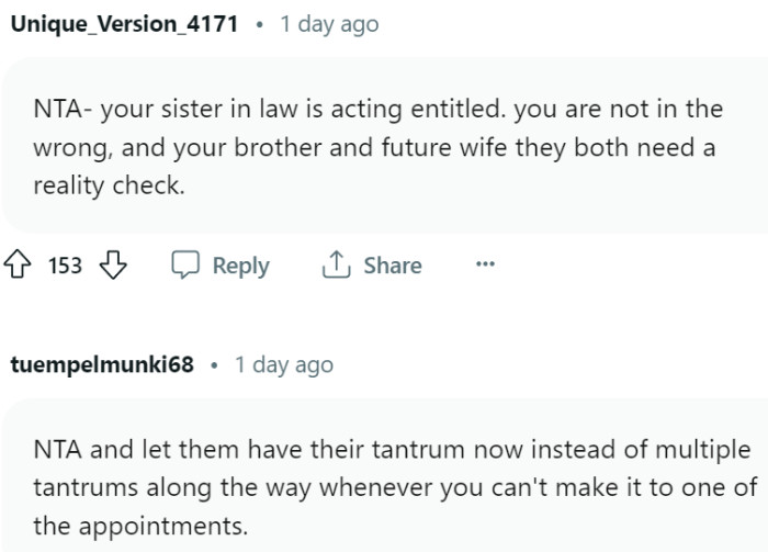 The sister-in-law is acting entitled.