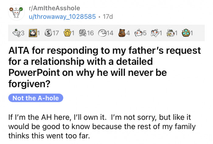 The Reddit user posted about how her father let her down growing up.