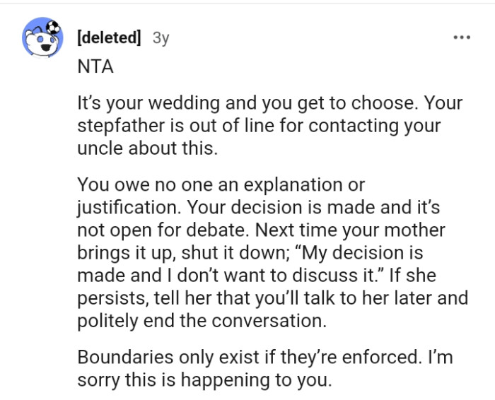 The OP should shut it down when next her mom brings it up