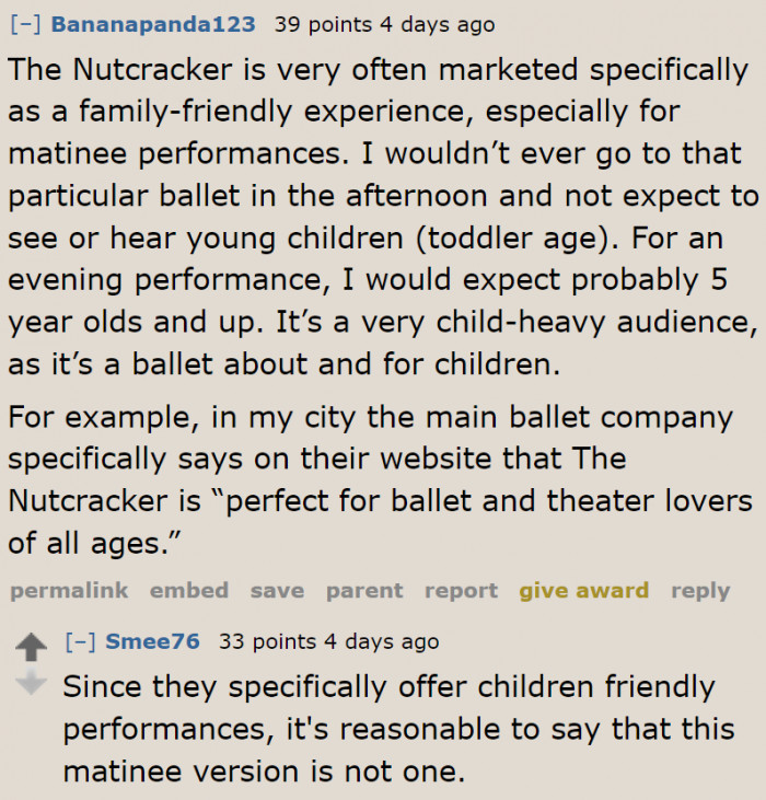 A Redditor believes that noisy toddlers are to be expected since it's a family-friendly show.