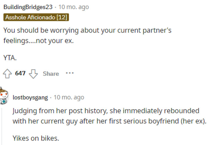 This is pretty clear, but I guess she's still worried about them both, even though she should be putting her current partner above her ex-boyfriend, as it's her responsibility to make him comfortable around her friends.