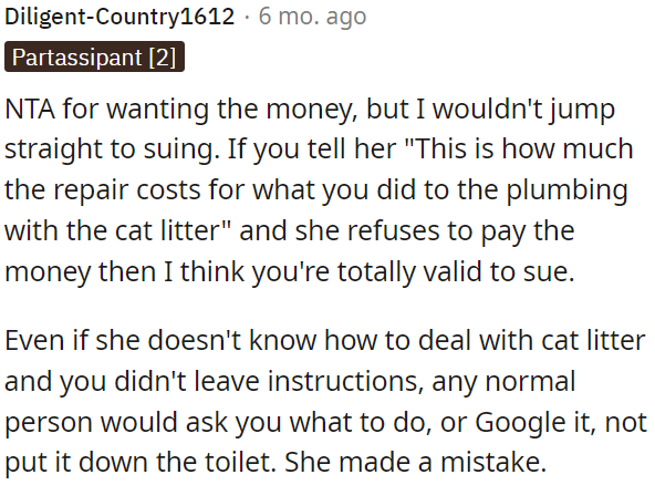 Instead of immediately considering legal action, it's reasonable for OP to first inform her about the repair costs.