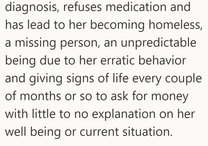 Refusing help has led to a cycle of disappearing and reaching out for money. There is little clarity about where she is or how she is doing.