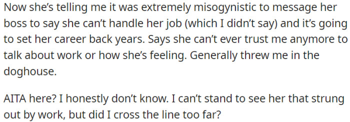 OP's spouse believes that this behavior was both discriminatory against women and detrimental to her professional advancement.