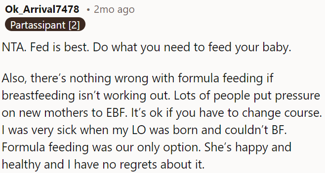 OP should prioritize her baby's feeding needs and ignore the pressure.