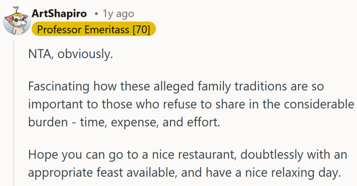 According to this take, a peaceful restaurant meal might be the real holiday miracle she deserves.