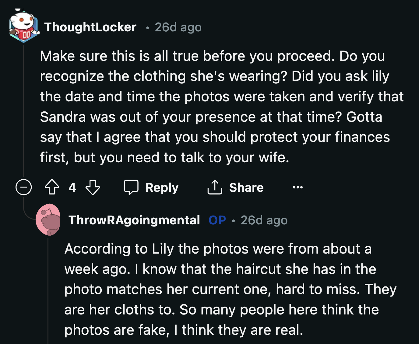He shared a few details about the photos Lily sent that made him more inclined to believe the pictures at the hotel weren't faked.