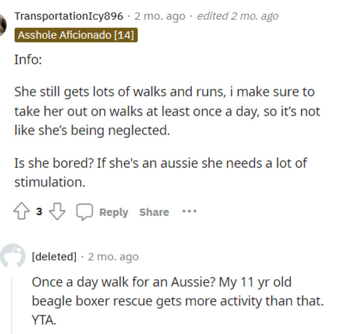 Some people are saying that this dog breed does need a lot of physical activity, so they may not be getting enough.